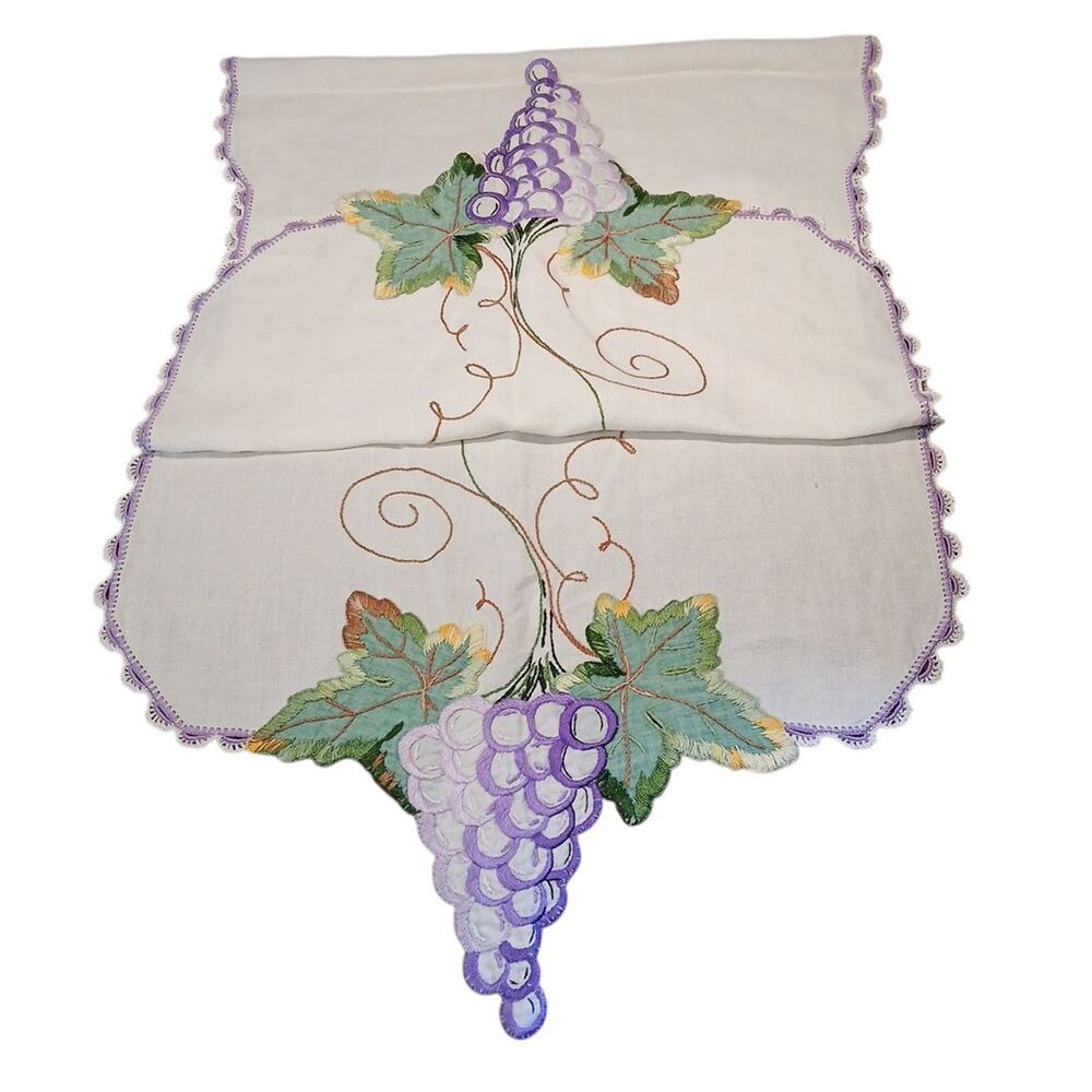 Vtg 48"x17" Linen Table Runner Handmade‎ Lace Trim Purple Grapes Embroidery READ